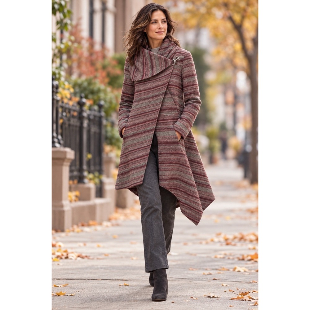 Garnet Hill Striped Wool Coat Size 14 Asymmetrical Wrap Toggle Jacket Minimalist